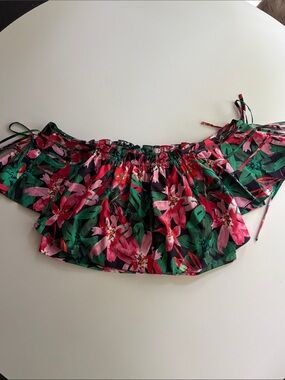 Marissa Webb Off Shoulder Floral Crop Top in Pink & Green